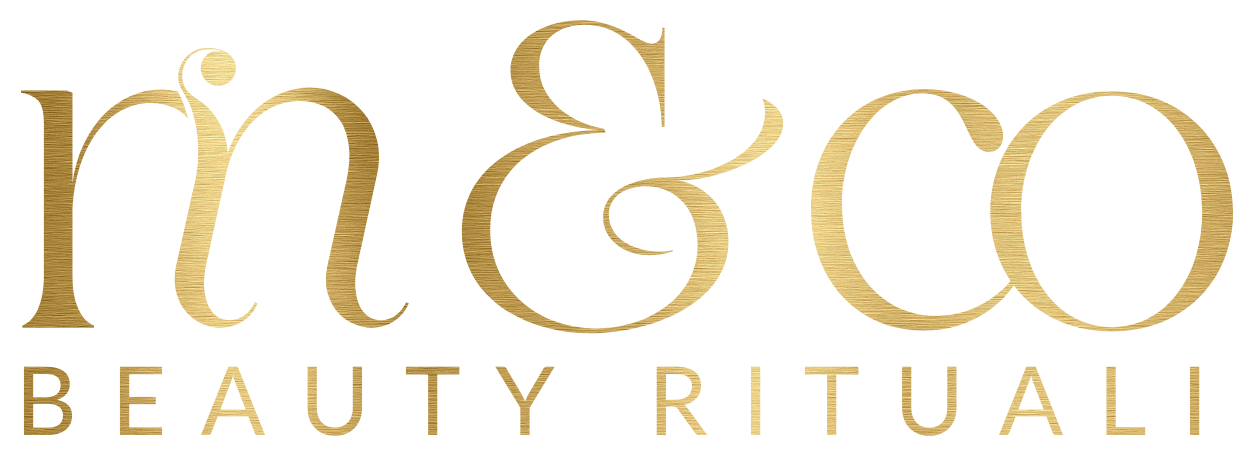 Mi&Co Beauty Rituali logo in brushed gold typography on transparent background